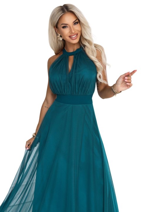 662-4 Elegancka sukienka wieczorowa maxi halter z tiulem i wiązaniem w talii - zielona - UNI