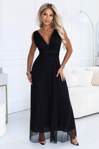 687-1 Elegancka sukienka maxi z kopertowym dekoltem i odkrytymi plecami - czarna - UNI