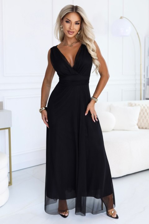687-1 Elegancka sukienka maxi z kopertowym dekoltem i odkrytymi plecami - czarna - UNI