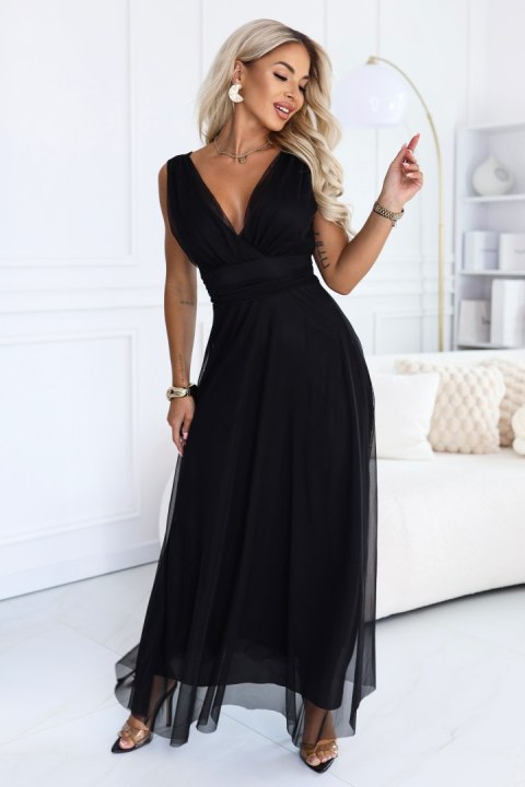 687-1 Elegancka sukienka maxi z kopertowym dekoltem i odkrytymi plecami - czarna - UNI