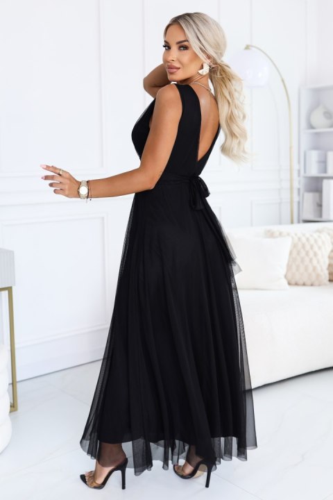 687-1 Elegancka sukienka maxi z kopertowym dekoltem i odkrytymi plecami - czarna - UNI