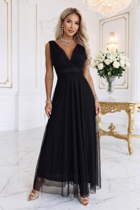 687-1 Elegancka sukienka maxi z kopertowym dekoltem i odkrytymi plecami - czarna - UNI