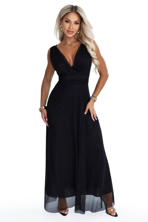 687-1 Elegancka sukienka maxi z kopertowym dekoltem i odkrytymi plecami - czarna - UNI