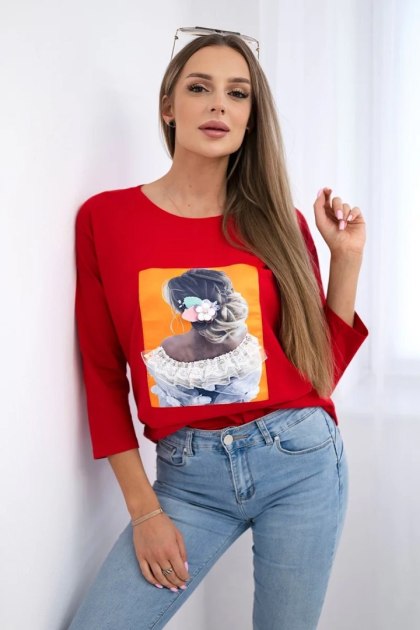 Bluzka z grafiką 3D, koronka czerwona