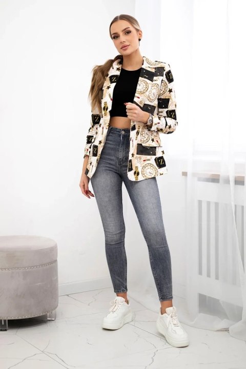 Bawełniana marynarka damska z kolorowym nadrukiem ecru-czarna