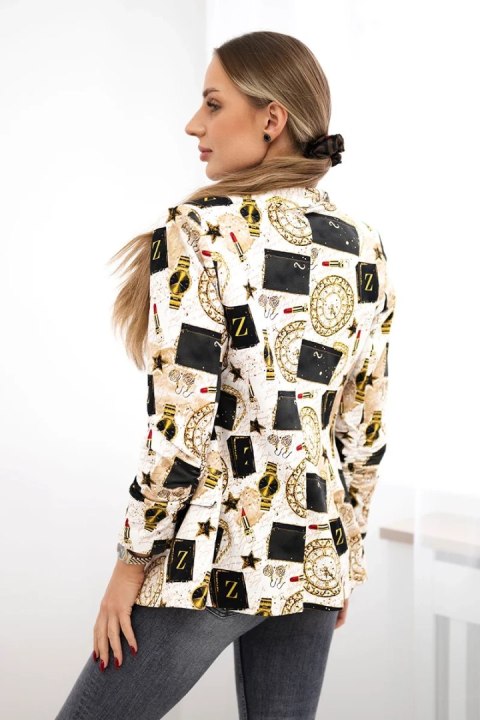 Bawełniana marynarka damska z kolorowym nadrukiem ecru-czarna