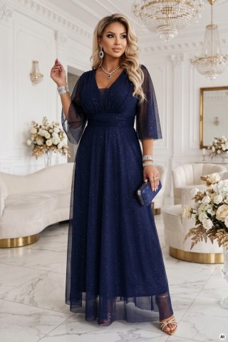 654-7 Długa połyskująca sukienka plus size z dekoltem i transparentnym rękawkiem - granatowa - UNI