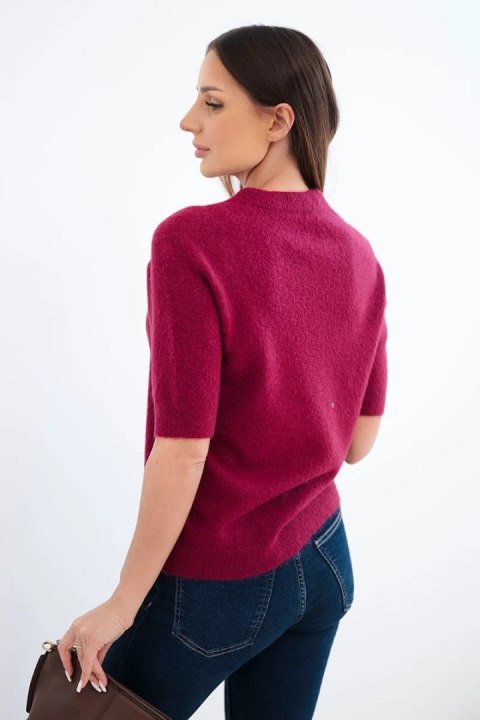 Sweter damski z baby alpaki z krótkim rękawem i okrągłym dekoltem śliwkowy