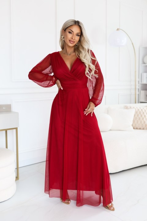 684-1 NERISSA elegancka tiulowa sukienka maxi z kopertowym dekoltem - jasne bordo - UNI