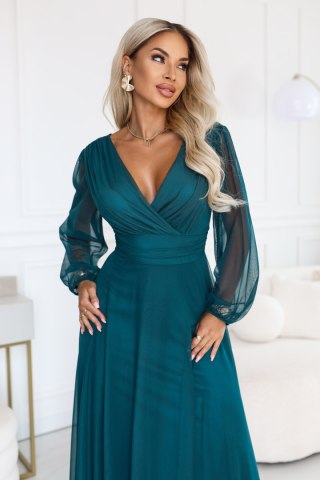 684-2 NERISSA elegancka tiulowa sukienka maxi z kopertowym dekoltem - zieleń morska - UNI