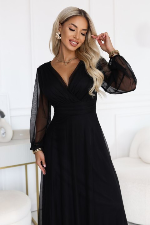 684-4 NERISSA elegancka tiulowa sukienka maxi z kopertowym dekoltem - czarna - UNI