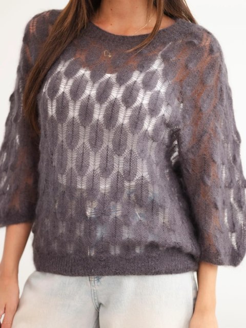 Sweter damski w 70% z kid moheru ażurowy z krótkim rękawem grafitowy