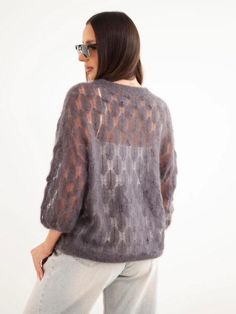 Sweter damski w 70% z kid moheru ażurowy z krótkim rękawem grafitowy