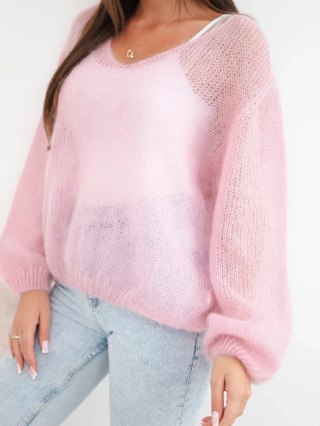 Sweter damski w 70% z kid moheru z dekoltem V o luźnym fasonie cukierkowy róż