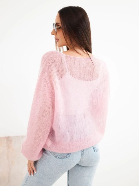 Sweter damski w 70% z kid moheru z dekoltem V o luźnym fasonie cukierkowy róż