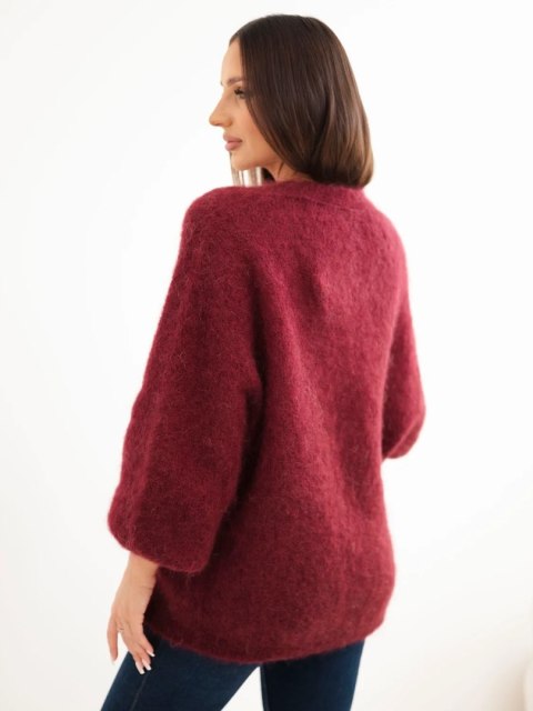 Sweter damski w 80% z kid moheru o luźnym fasonie bez zapięcia bordowy