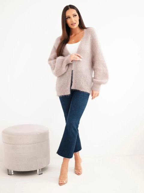 Sweter damski w 80% z kid moheru o luźnym fasonie bez zapięcia ciemny beżowy