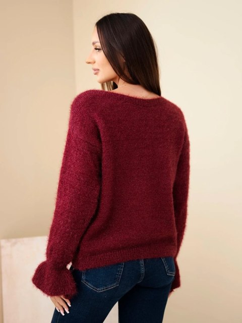 Sweter damski z moherem i wełną z falbaną przy rękawach śliwkowy