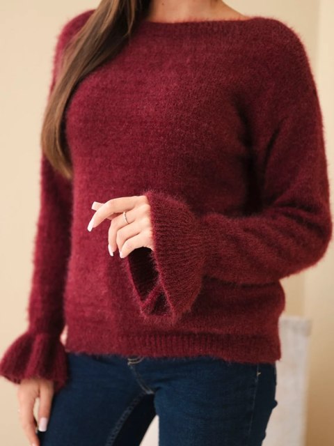 Sweter damski z moherem i wełną z falbaną przy rękawach śliwkowy