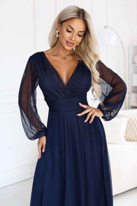 684-3 NERISSA elegancka tiulowa sukienka maxi z kopertowym dekoltem - granatowa - UNI