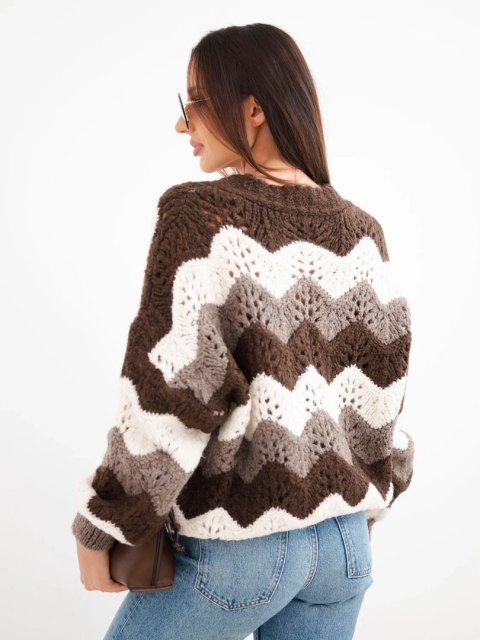 Sweter damski ażurowy w paski zapinany na guziki brązowy + fango