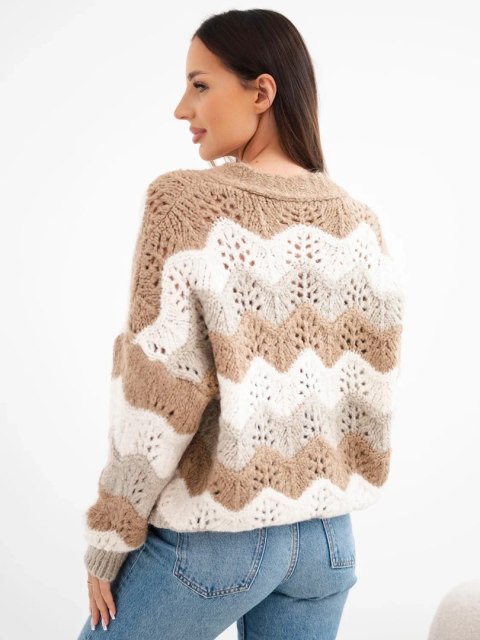 Sweter damski ażurowy w paski zapinany na guziki camelowy