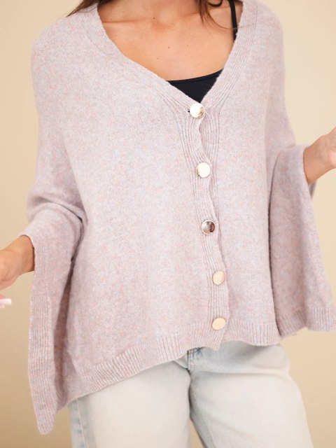 Sweter damski ponczo z baby alpaki z guzikami beżowy melanż