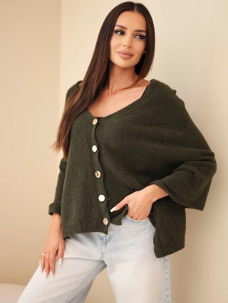 Sweter damski ponczo z baby alpaki z guzikami khaki