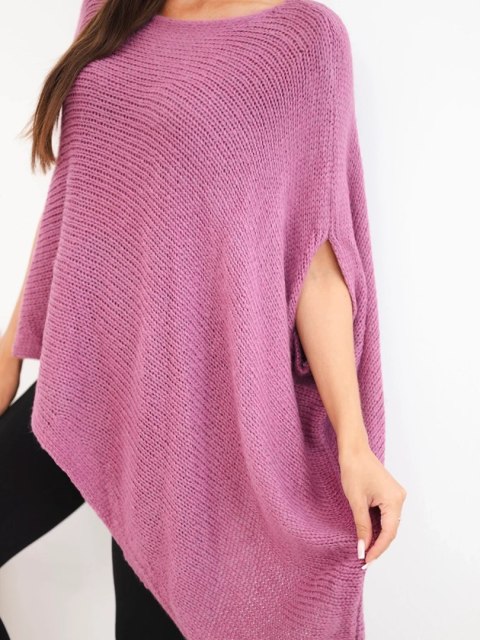 Sweter damski ponczo z moherem asymetryczny z szerokim dekoltem ciemny różowy