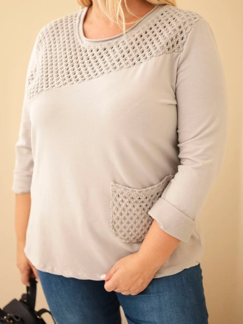 Bluza damska bawełniana Plus Size z ażurową wstawką i kieszenią fango
