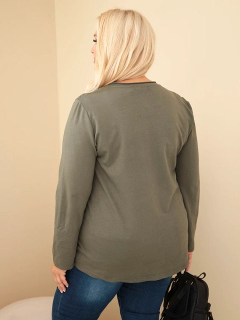Bluza damska bawełniana Plus Size z ażurową wstawką i kieszenią khaki