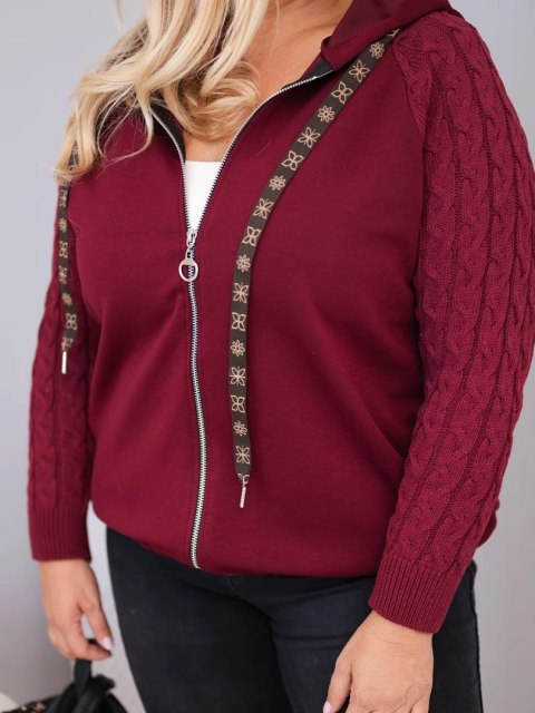 Bluza damska bawełniana Plus Size z dzianinowymi rękawami i kapturem bordowa