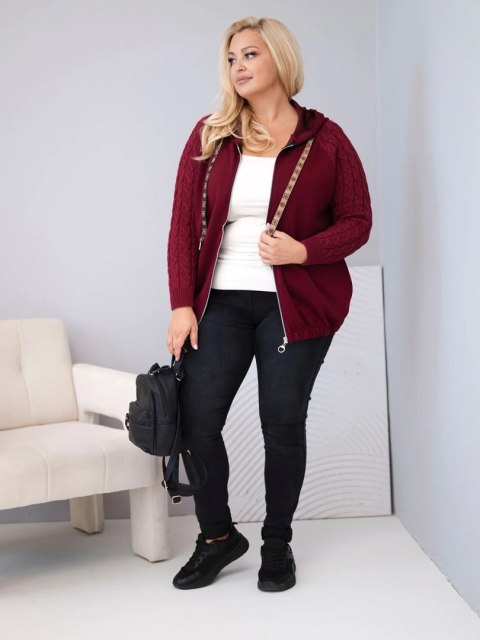 Bluza damska bawełniana Plus Size z dzianinowymi rękawami i kapturem bordowa
