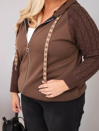 Bluza damska bawełniana Plus Size z dzianinowymi rękawami i kapturem brązowa