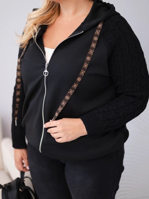 Bluza damska bawełniana Plus Size z dzianinowymi rękawami i kapturem czarna