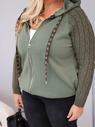 Bluza damska bawełniana Plus Size z dzianinowymi rękawami i kapturem khaki