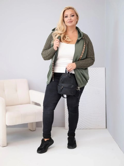 Bluza damska bawełniana Plus Size z dzianinowymi rękawami i kapturem khaki