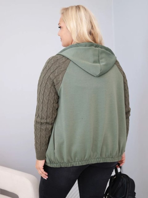 Bluza damska bawełniana Plus Size z dzianinowymi rękawami i kapturem khaki