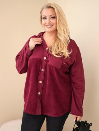 Bluza damska bawełniana Plus Size z kapturem i guzikami bordowa