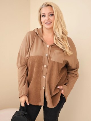 Bluza damska bawełniana Plus Size z kapturem i guzikami camelowa