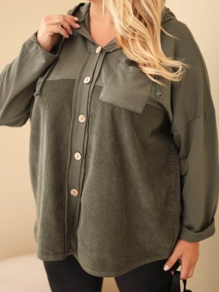 Bluza damska bawełniana Plus Size z kapturem i guzikami khaki