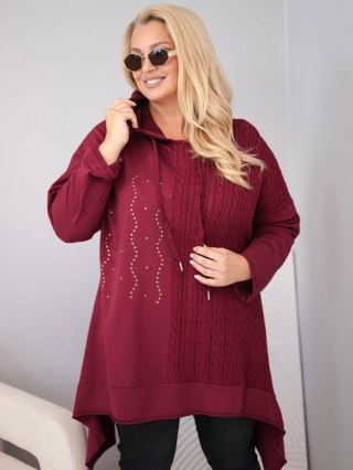 Bluza damska bawełniana Plus Size z kapturem i plecioną wstawką bordowa