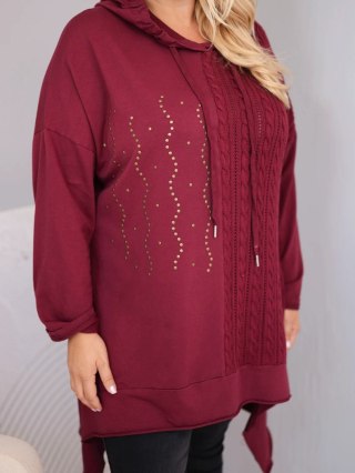Bluza damska bawełniana Plus Size z kapturem i plecioną wstawką bordowa