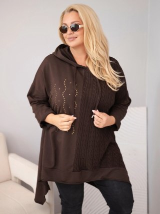 Bluza damska bawełniana Plus Size z kapturem i plecioną wstawką brązowy
