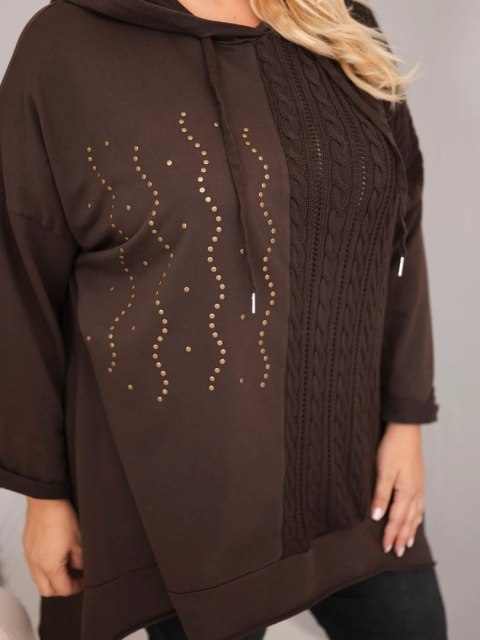 Bluza damska bawełniana Plus Size z kapturem i plecioną wstawką brązowy