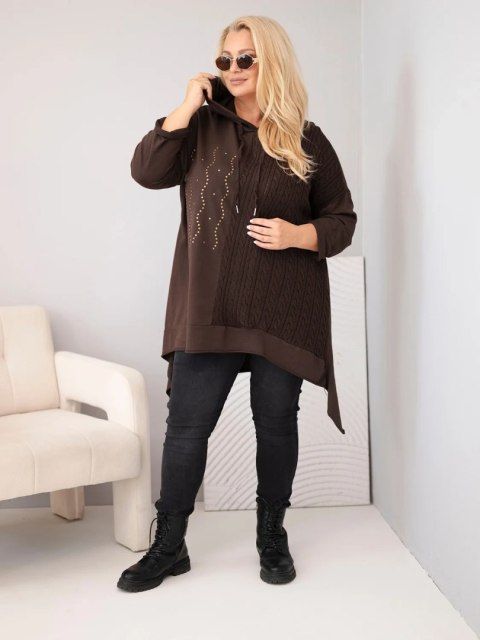 Bluza damska bawełniana Plus Size z kapturem i plecioną wstawką brązowy