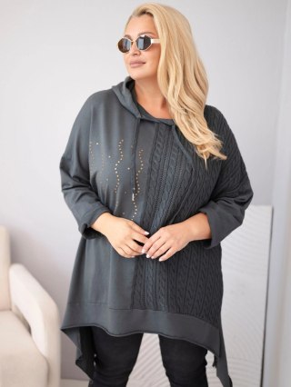 Bluza damska bawełniana Plus Size z kapturem i plecioną wstawką grafitowa