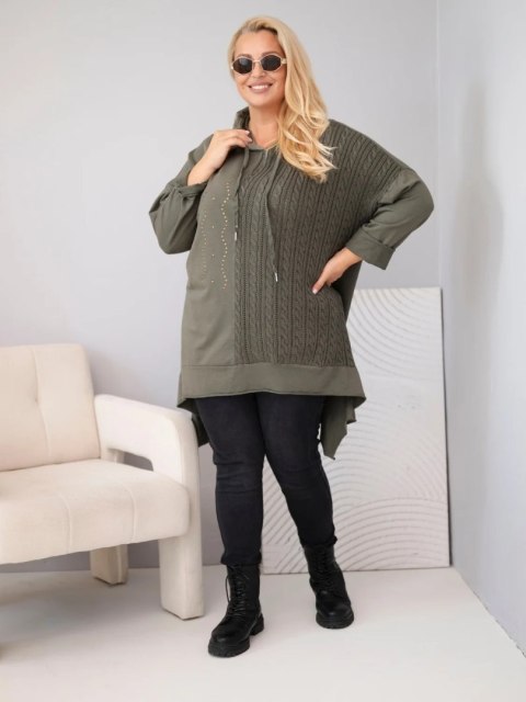 Bluza damska bawełniana Plus Size z kapturem i plecioną wstawką khaki
