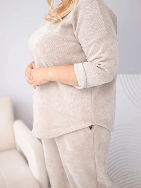 Komplet damski Plus Size z wiskozy sztruksowy z szerokimi spodniami i bluzą beżowy
