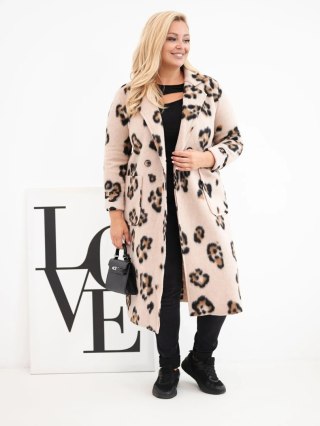 Płaszcz damski elegancki Plus Size w panterkę z klapami beżowy